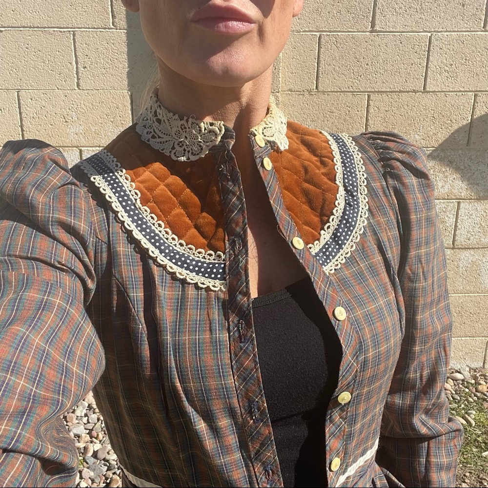 Gunne Sax by Jessica San Fran vintage plaid velvet trim RARE dress - Picture 2 of 10